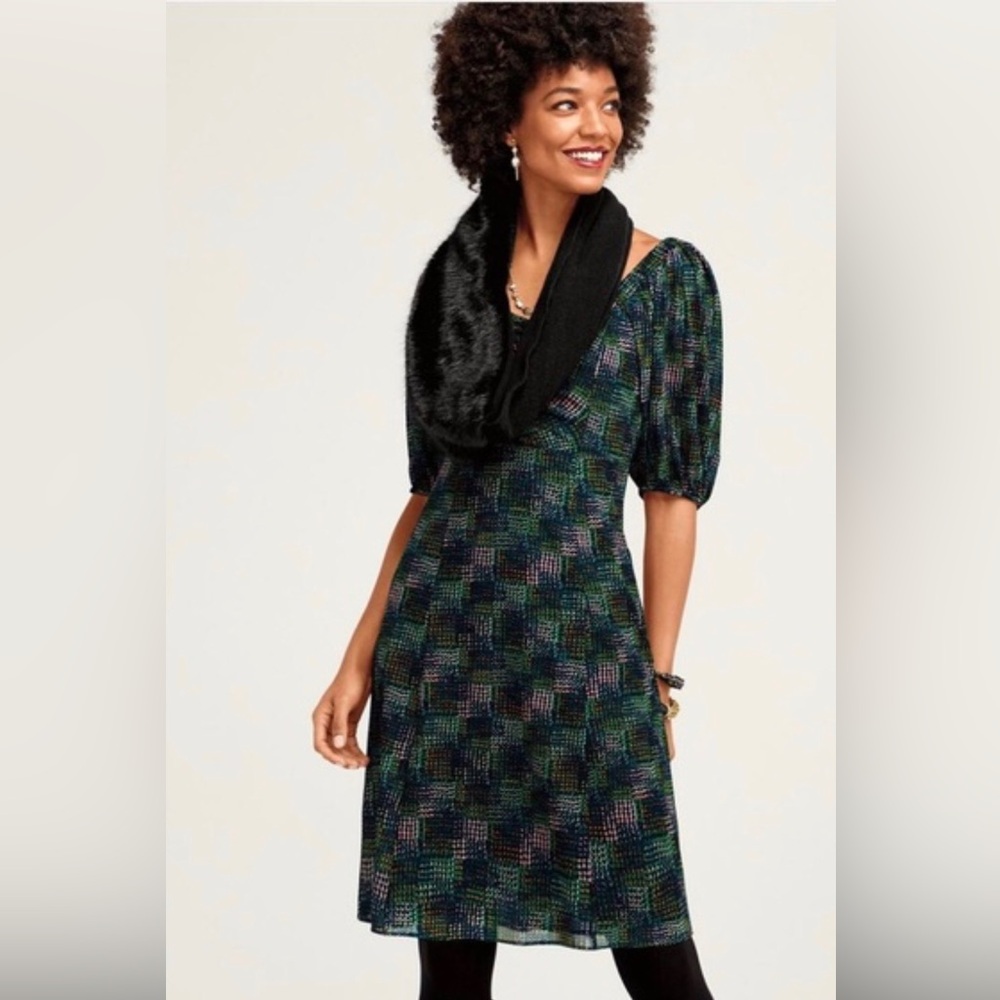 Cabi womens Blue and Black Puff Sleeve Midi Sundress. Great cond.  Size M.